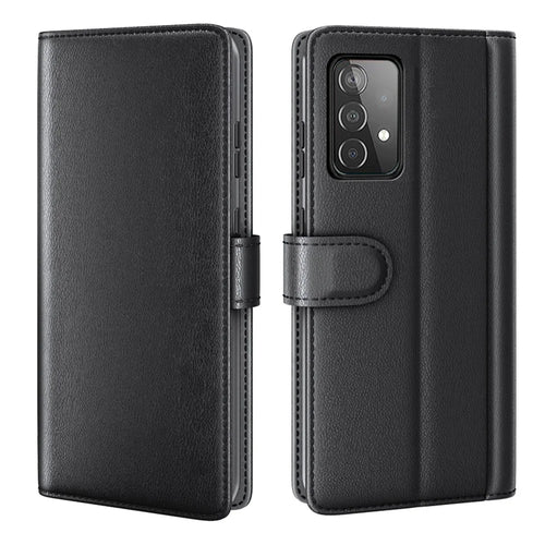 For Samsung Galaxy A52 5G / 4G Case Genuine Split Leather Phone Cover with Wallet Stand - Black - 1