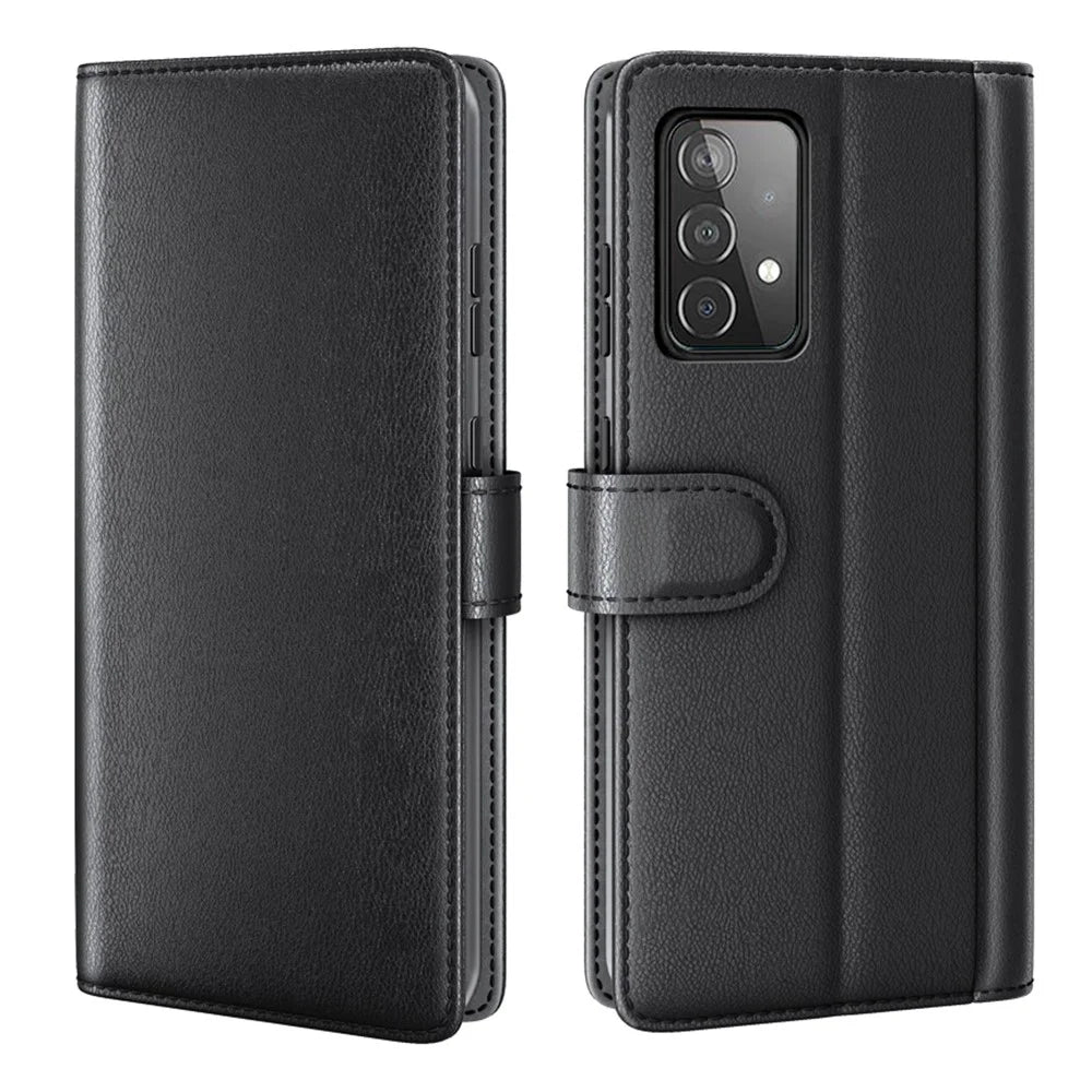 For Samsung Galaxy A52 5G / 4G Case Genuine Split Leather Phone Cover with Wallet Stand - Black - 1