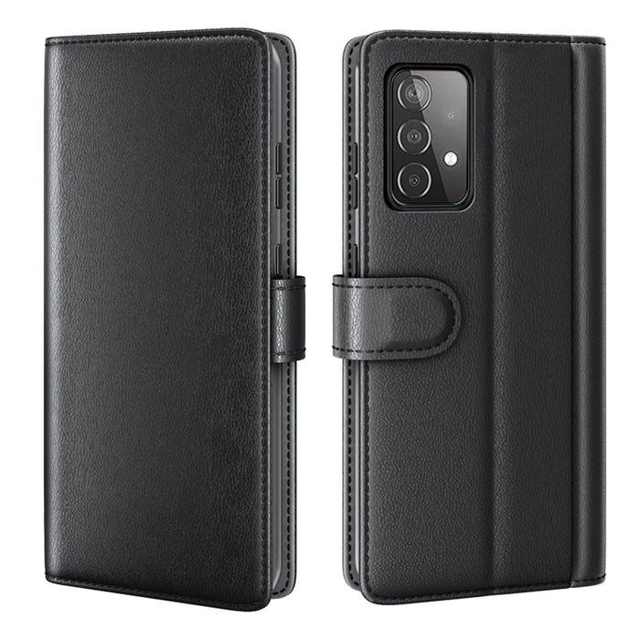 For Samsung Galaxy A52 5G / 4G Case Genuine Split Leather Phone Cover with Wallet Stand - Black - 1