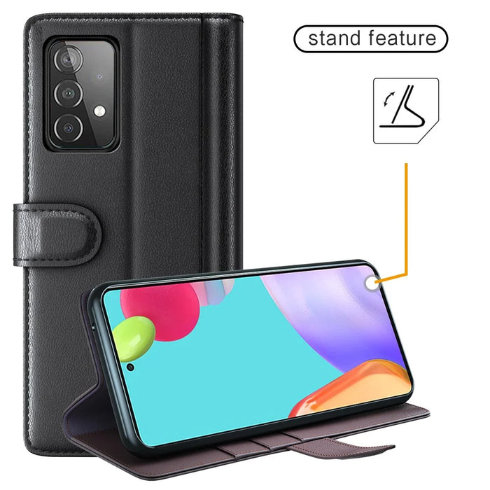 For Samsung Galaxy A52 5G / 4G Case Genuine Split Leather Phone Cover with Wallet Stand - Black - 5