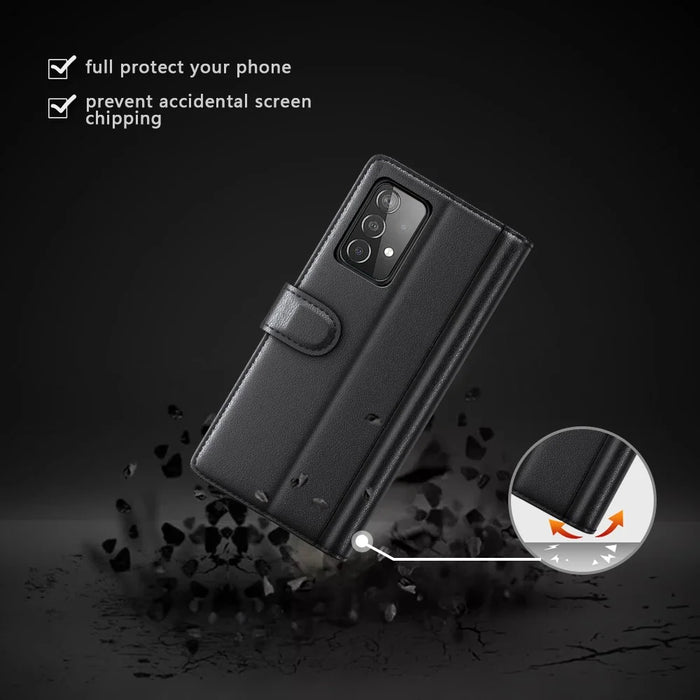 For Samsung Galaxy A52 5G / 4G Case Genuine Split Leather Phone Cover with Wallet Stand - Black - 6