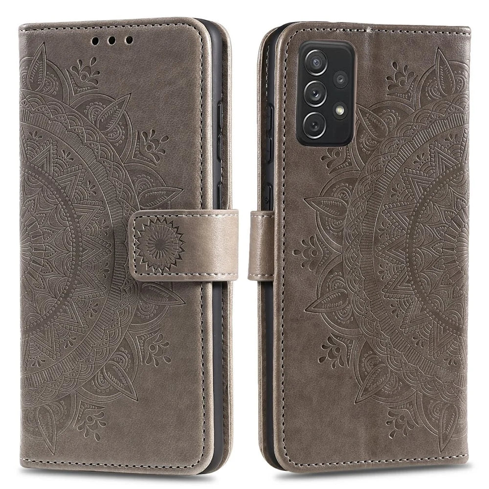 Imprinted Mandala Flower Wallet Leather Case with Strap for Samsung Galaxy A52 4G/5G / A52s 5G - Grey - 1