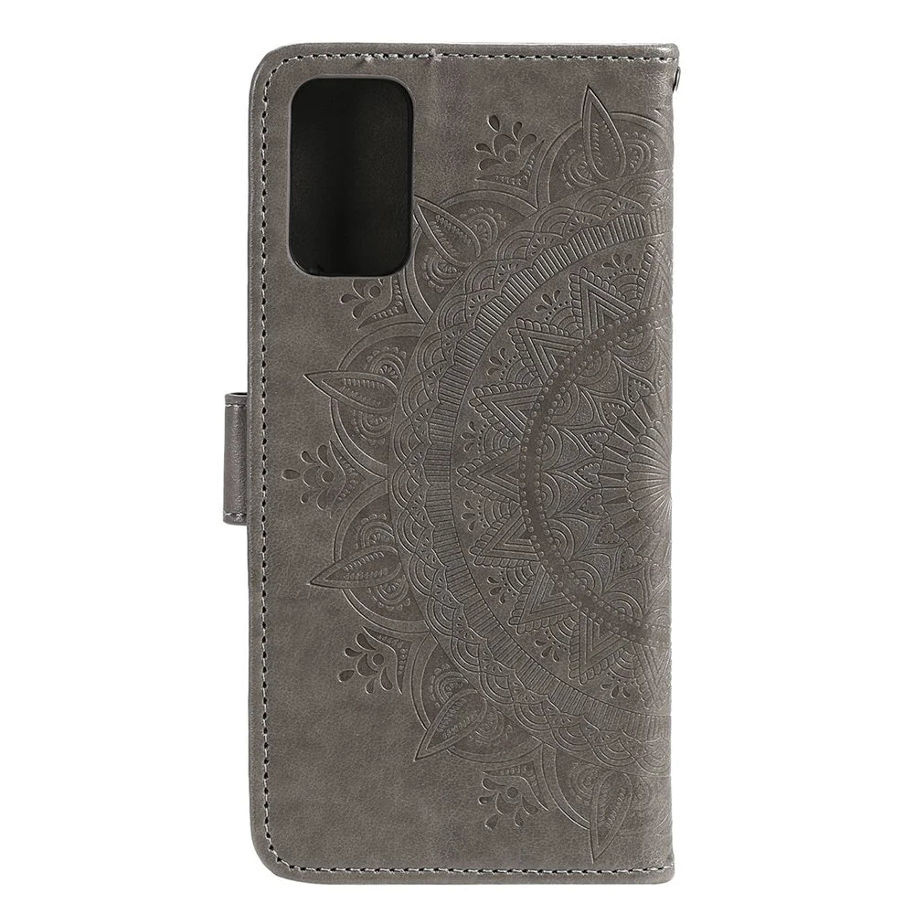 Imprinted Mandala Flower Wallet Leather Case with Strap for Samsung Galaxy A52 4G/5G / A52s 5G - Grey - 3