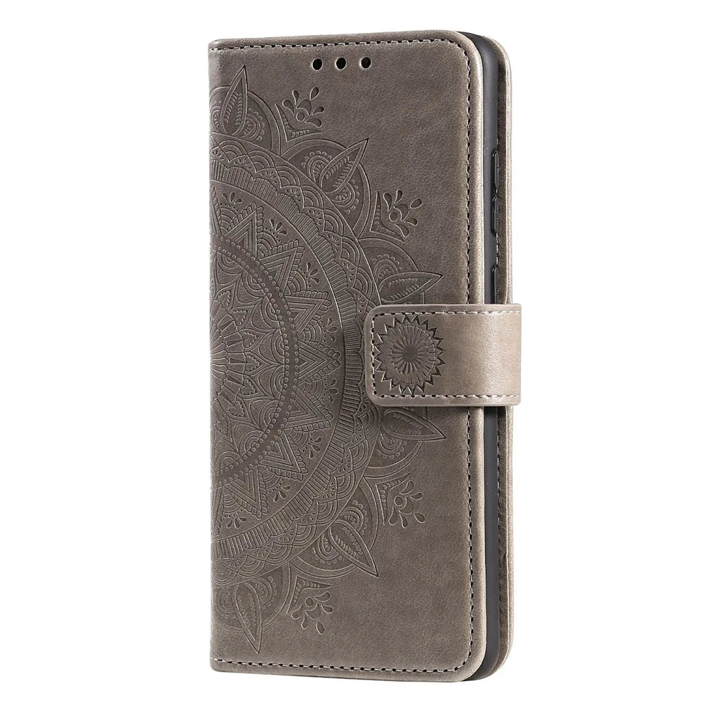 Imprinted Mandala Flower Wallet Leather Case with Strap for Samsung Galaxy A52 4G/5G / A52s 5G - Grey - 4