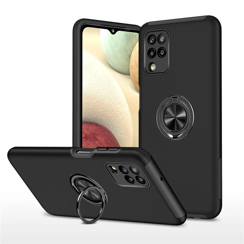Phone Case for Samsung Galaxy A12 Shockproof Cover with Ring Shape Kickstand All-Round Protective Phone Shell - Black - 1