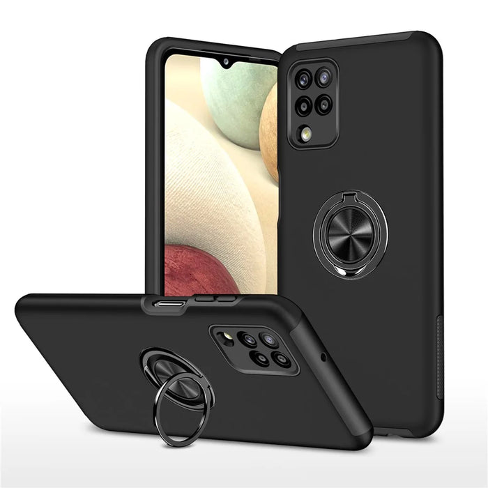 Phone Case for Samsung Galaxy A12 Shockproof Cover with Ring Shape Kickstand All-Round Protective Phone Shell - Black - 1