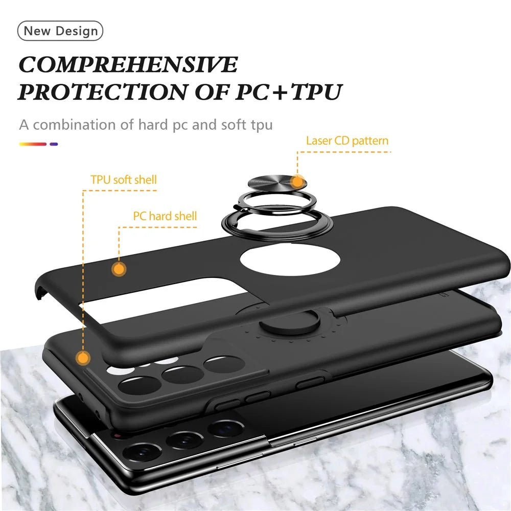 Ring Shape Kickstand Design Back Cover for Samsung Galaxy S21 Ultra 5G Hybrid Phone Case - Black - 4