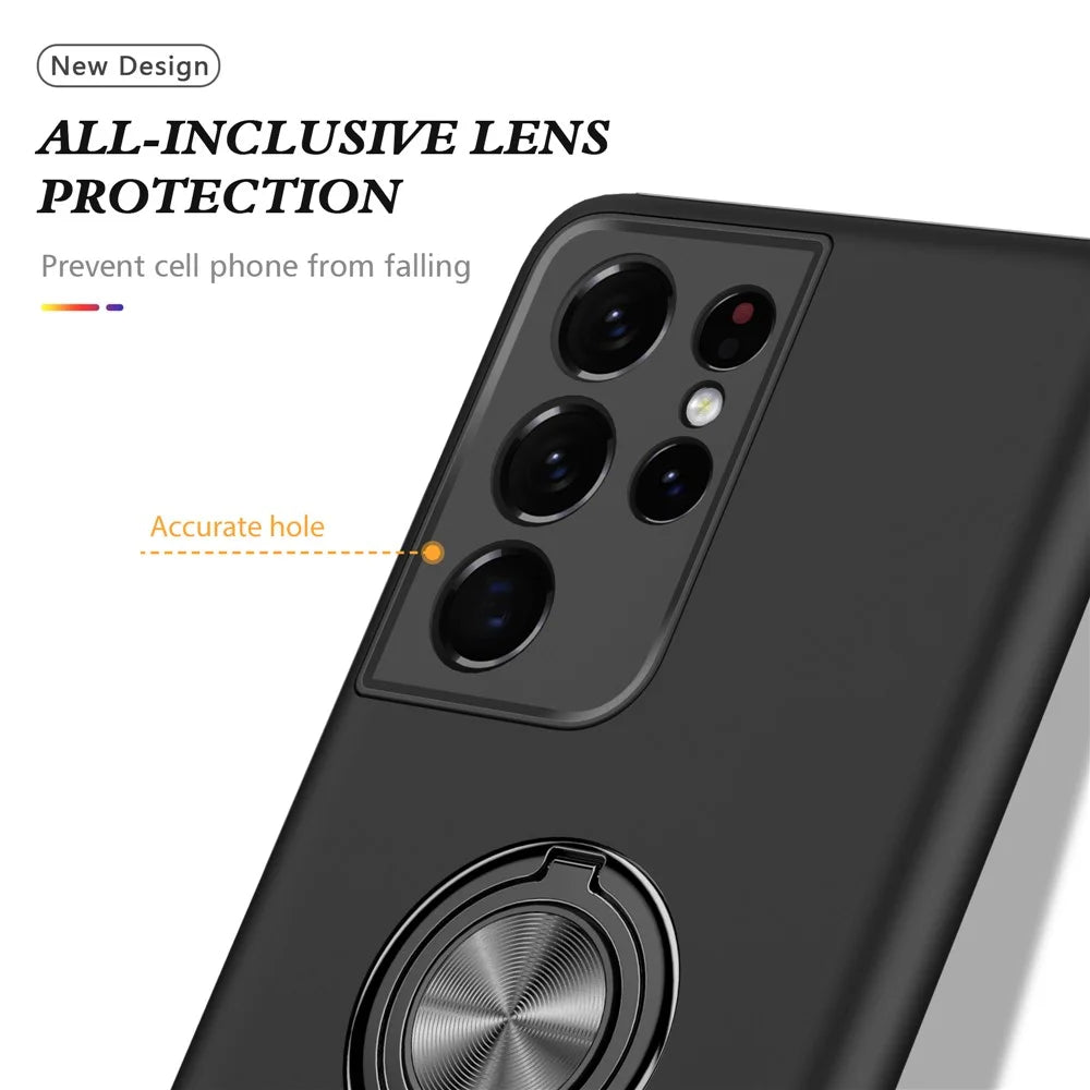 Ring Shape Kickstand Design Back Cover for Samsung Galaxy S21 Ultra 5G Hybrid Phone Case - Black - 6