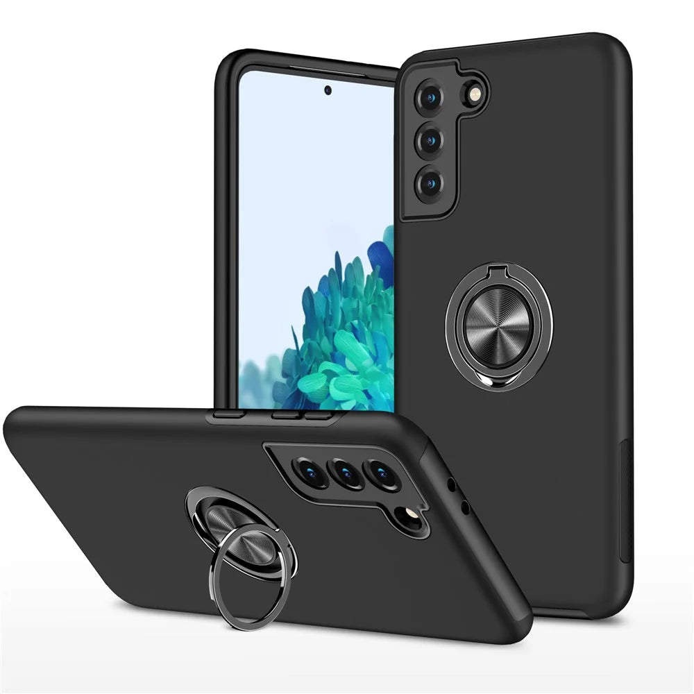 Ring Shape Kickstand Design TPU + PC Hybrid Phone Case Cover for Samsung Galaxy S21 Plus 5G - Black - 1