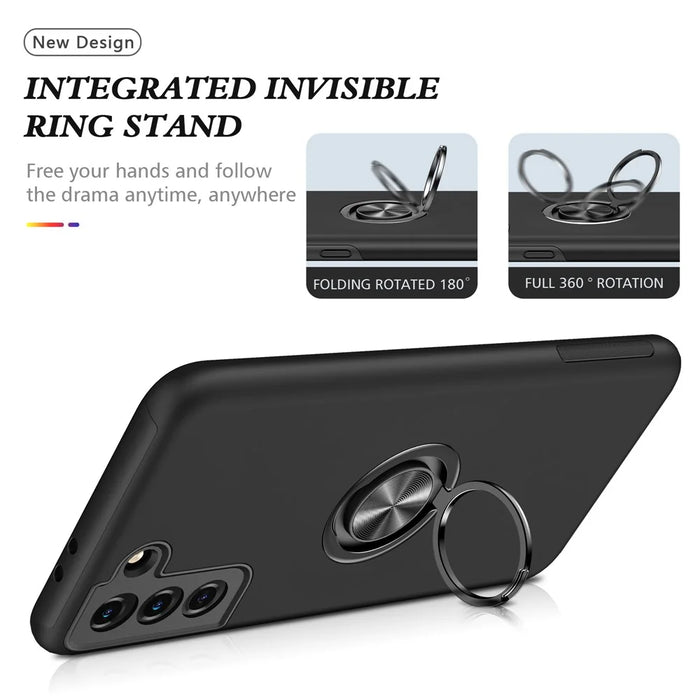 Ring Shape Kickstand Design TPU + PC Hybrid Phone Case Cover for Samsung Galaxy S21 Plus 5G - Black - 7