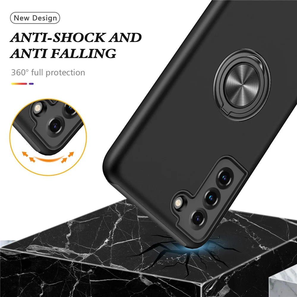 Anti-Drop Hybrid Phone Case Cover with Ring Shape Kickstand Design for Samsung Galaxy S21 4G/5G - Black - 3