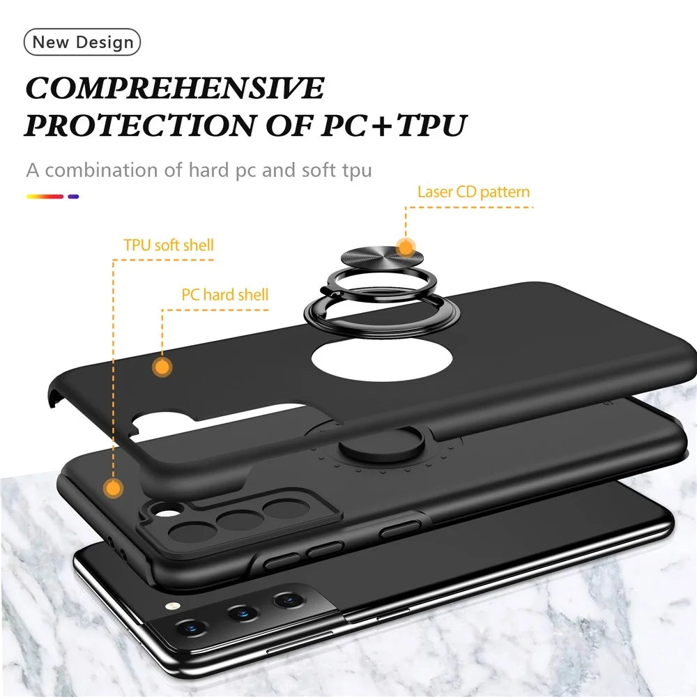 Anti-Drop Hybrid Phone Case Cover with Ring Shape Kickstand Design for Samsung Galaxy S21 4G/5G - Black - 4