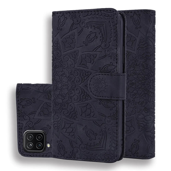 Imprint Flower Wallet Stand Leather Case for Samsung Galaxy A12 - Black - 1