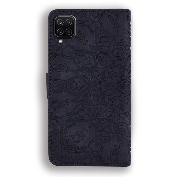 Imprint Flower Wallet Stand Leather Case for Samsung Galaxy A12 - Black - 4