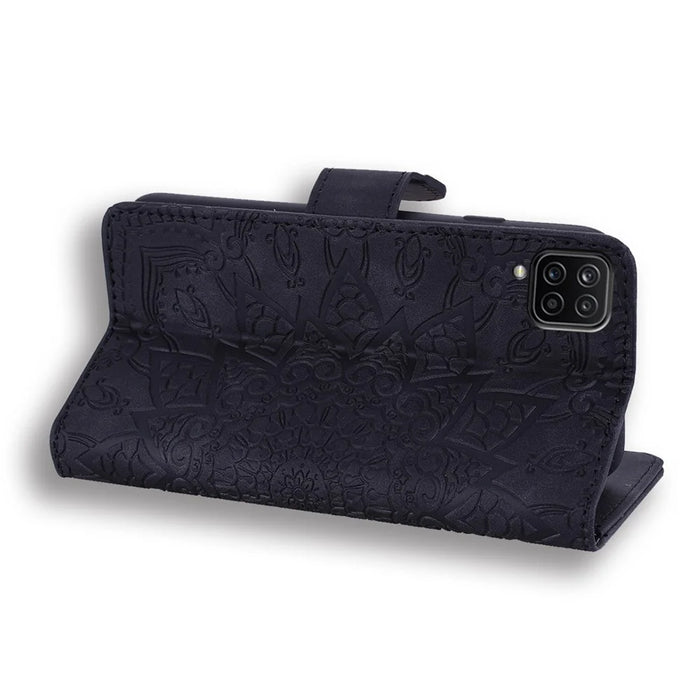 Imprint Flower Wallet Stand Leather Case for Samsung Galaxy A12 - Black - 5