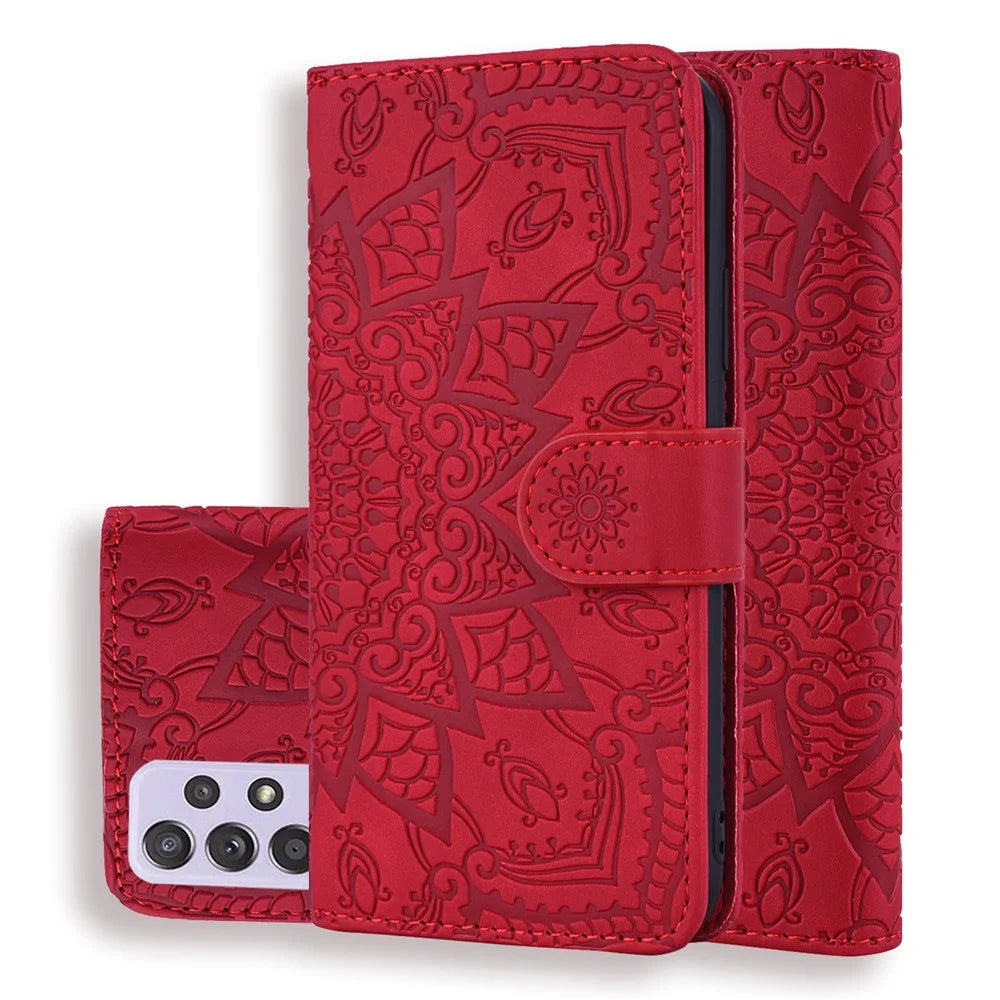 Imprint Flower Wallet Stand Leather Case for Samsung Galaxy A52 4G/5G / A52s 5G - Red - 1