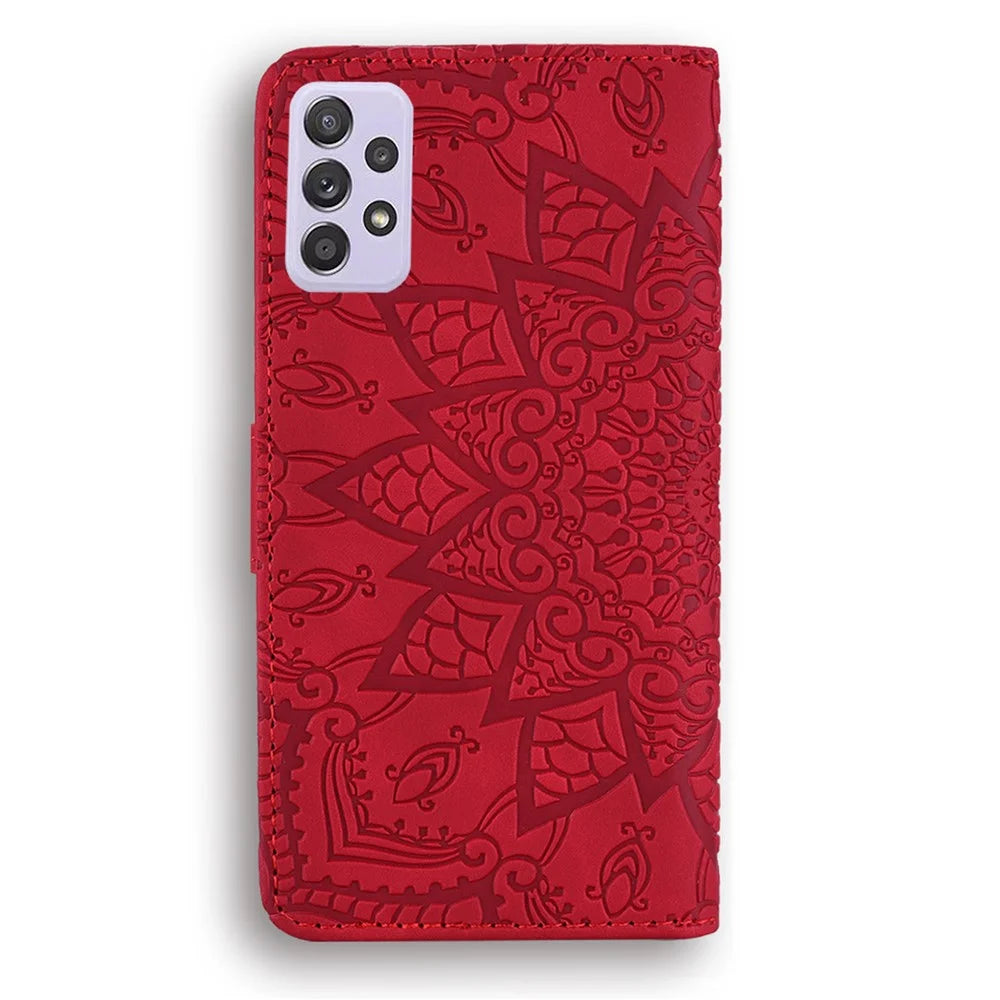 Imprint Flower Wallet Stand Leather Case for Samsung Galaxy A52 4G/5G / A52s 5G - Red - 4