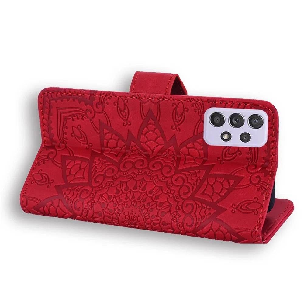 Imprint Flower Wallet Stand Leather Case for Samsung Galaxy A52 4G/5G / A52s 5G - Red - 5