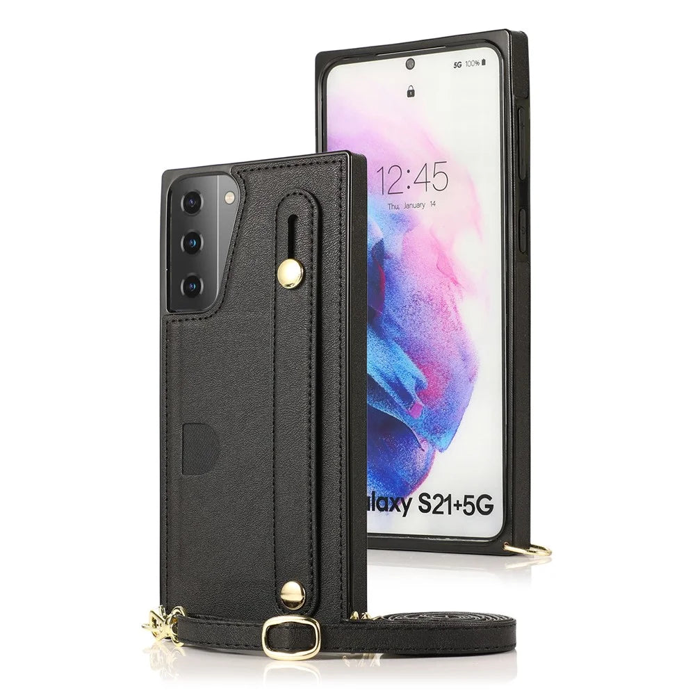 PU Leather Coated TPU Shell Case + Card Slots Hand Strap Kickstand for Samsung Galaxy S21 5G/4G - Black - 1