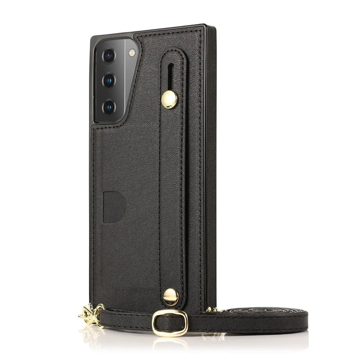 PU Leather Coated TPU Shell Case + Card Slots Hand Strap Kickstand for Samsung Galaxy S21 5G/4G - Black - 2