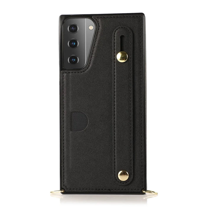 PU Leather Coated TPU Shell Case + Card Slots Hand Strap Kickstand for Samsung Galaxy S21 5G/4G - Black - 3