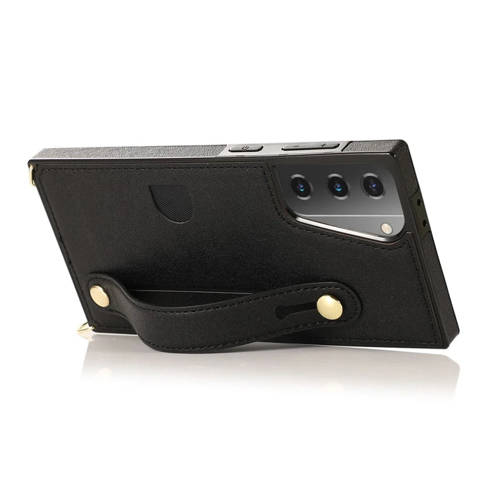 PU Leather Coated TPU Shell Case + Card Slots Hand Strap Kickstand for Samsung Galaxy S21 5G/4G - Black - 5