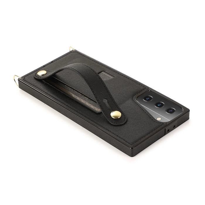 PU Leather Coated TPU Shell Case + Card Slots Hand Strap Kickstand for Samsung Galaxy S21 5G/4G - Black - 7