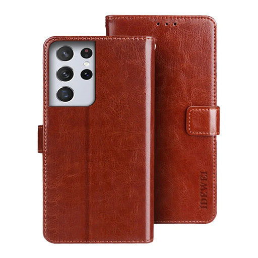 IDEWEI Crazy Horse Texture PU Leather Wallet Stand Phone Case Shell for Samsung Galaxy S21 Ultra 5G - Brown - 1
