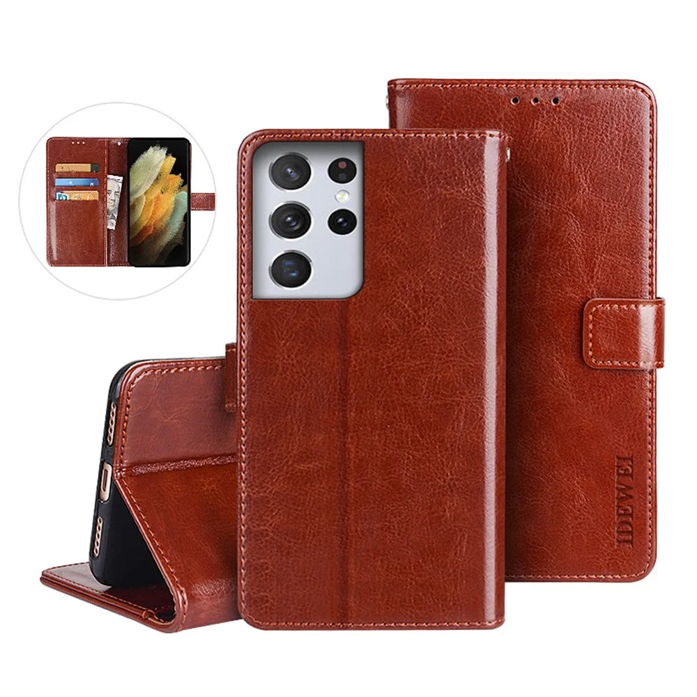IDEWEI Crazy Horse Texture PU Leather Wallet Stand Phone Case Shell for Samsung Galaxy S21 Ultra 5G - Brown - 2