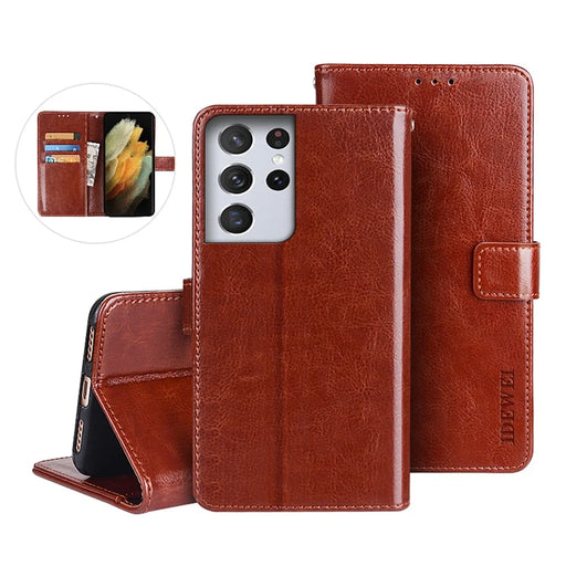 IDEWEI Crazy Horse Texture PU Leather Wallet Stand Phone Case Shell for Samsung Galaxy S21 Ultra 5G - Brown - 2