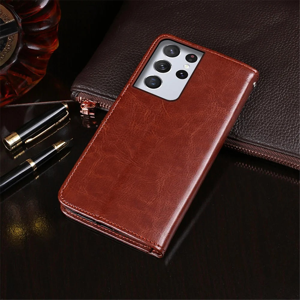 IDEWEI Crazy Horse Texture PU Leather Wallet Stand Phone Case Shell for Samsung Galaxy S21 Ultra 5G - Brown - 4