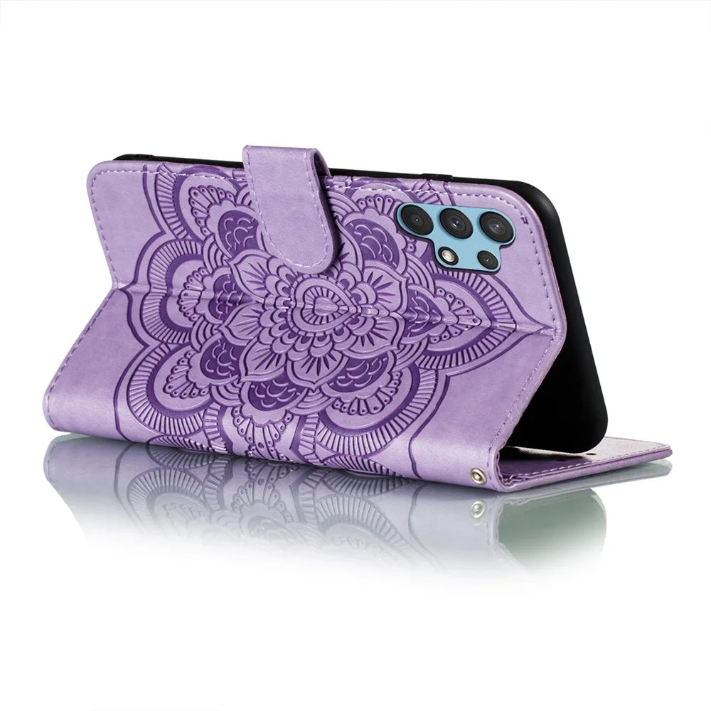 Imprint Mandala Flower Stand for Samsung Galaxy A32 4G (EU Version) Leather Case - Purple - 4