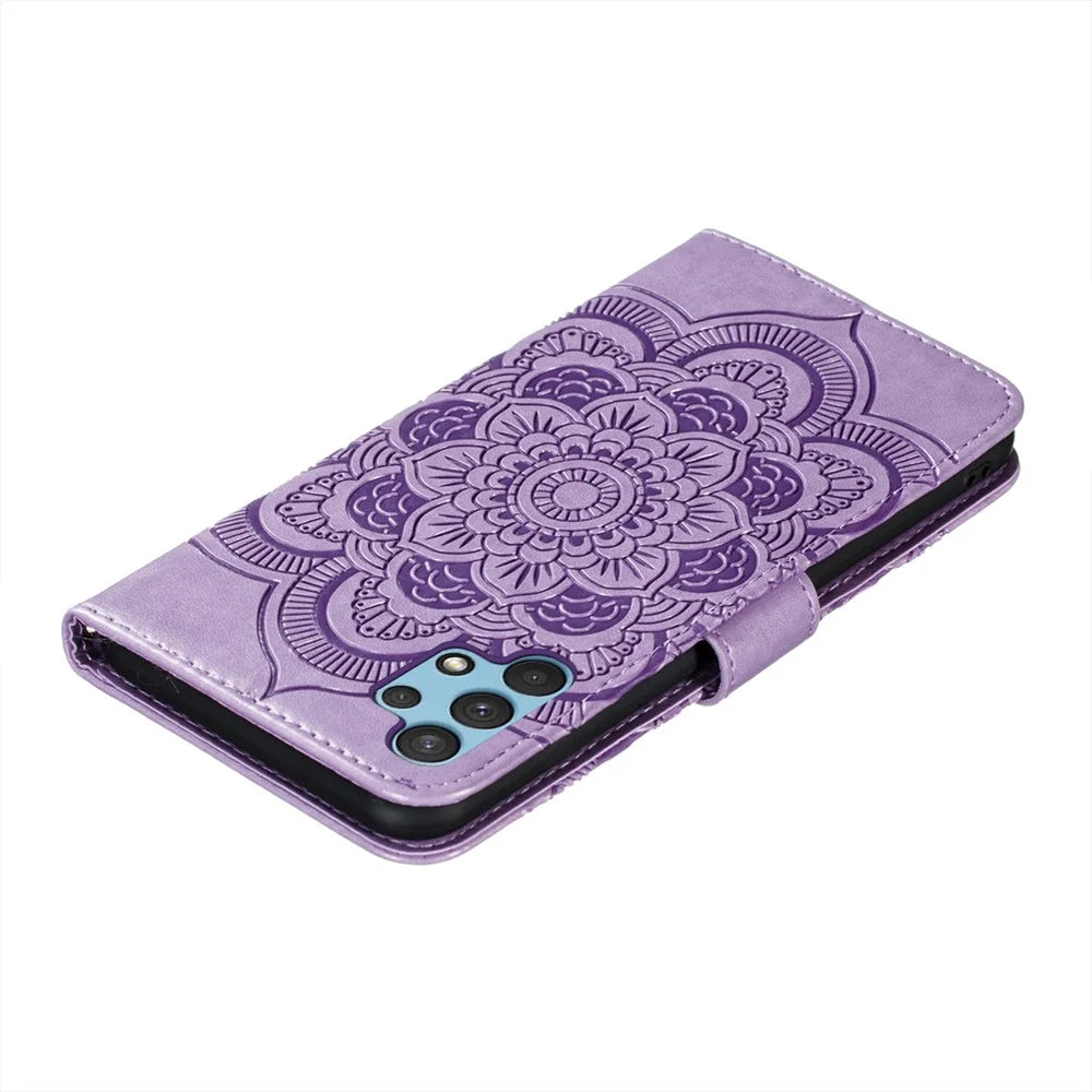 Imprint Mandala Flower Stand for Samsung Galaxy A32 4G (EU Version) Leather Case - Purple - 6
