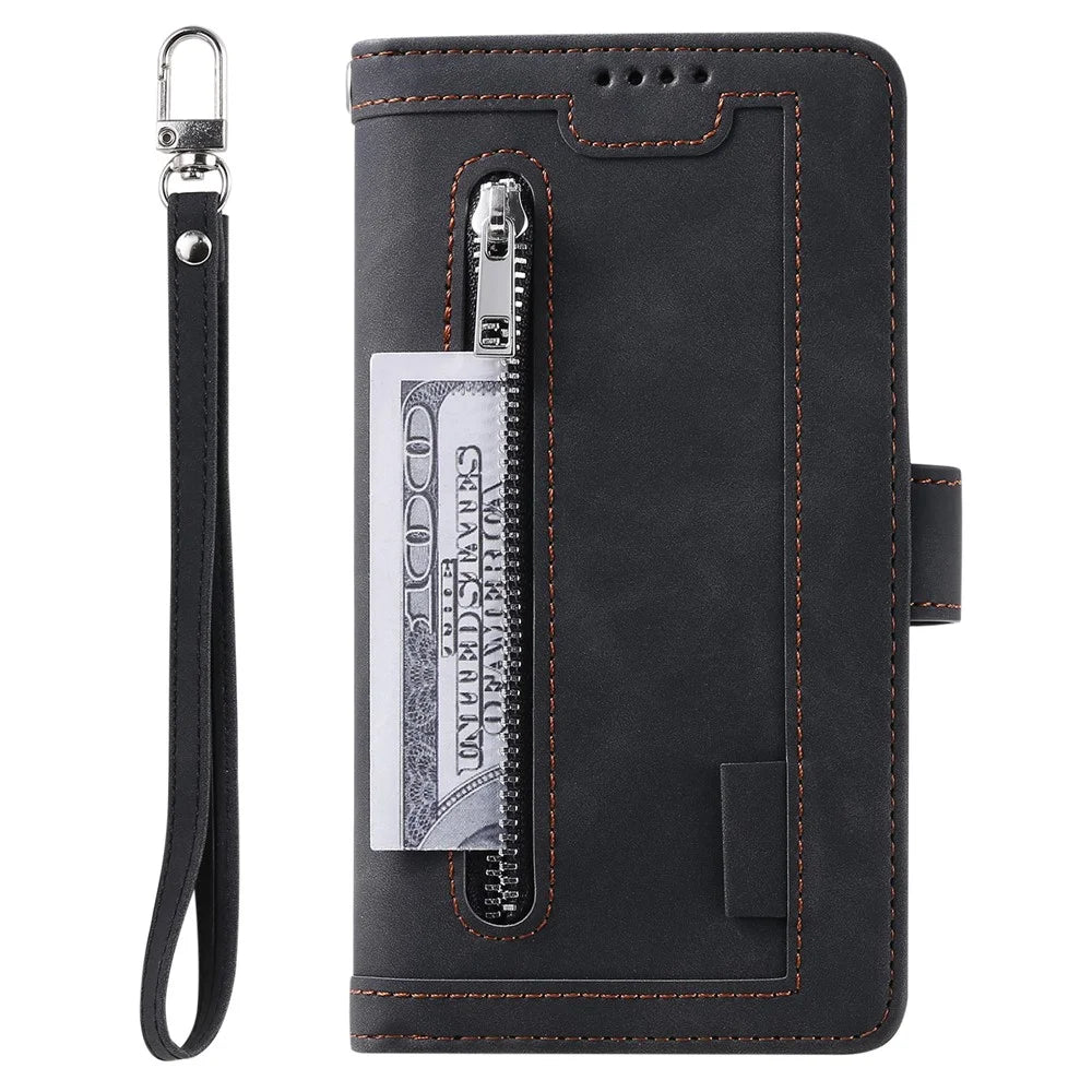 Leather Coated TPU Wallet Phone Stand Case with 9 Card Slots Kickstand Shell for Samsung Galaxy A72 5G / 4G - Black - 1