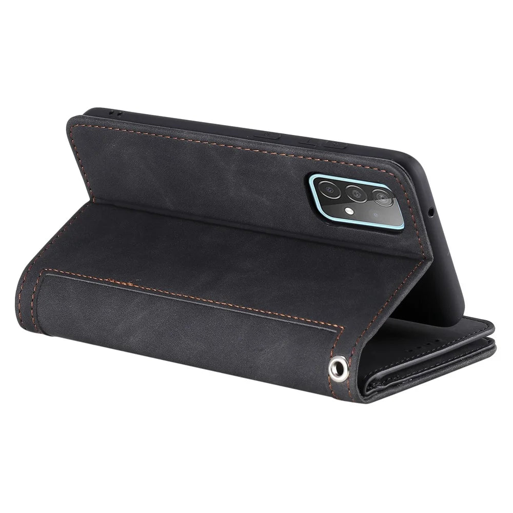 Leather Coated TPU Wallet Phone Stand Case with 9 Card Slots Kickstand Shell for Samsung Galaxy A52 4G/5G / A52s 5G - Black - 5