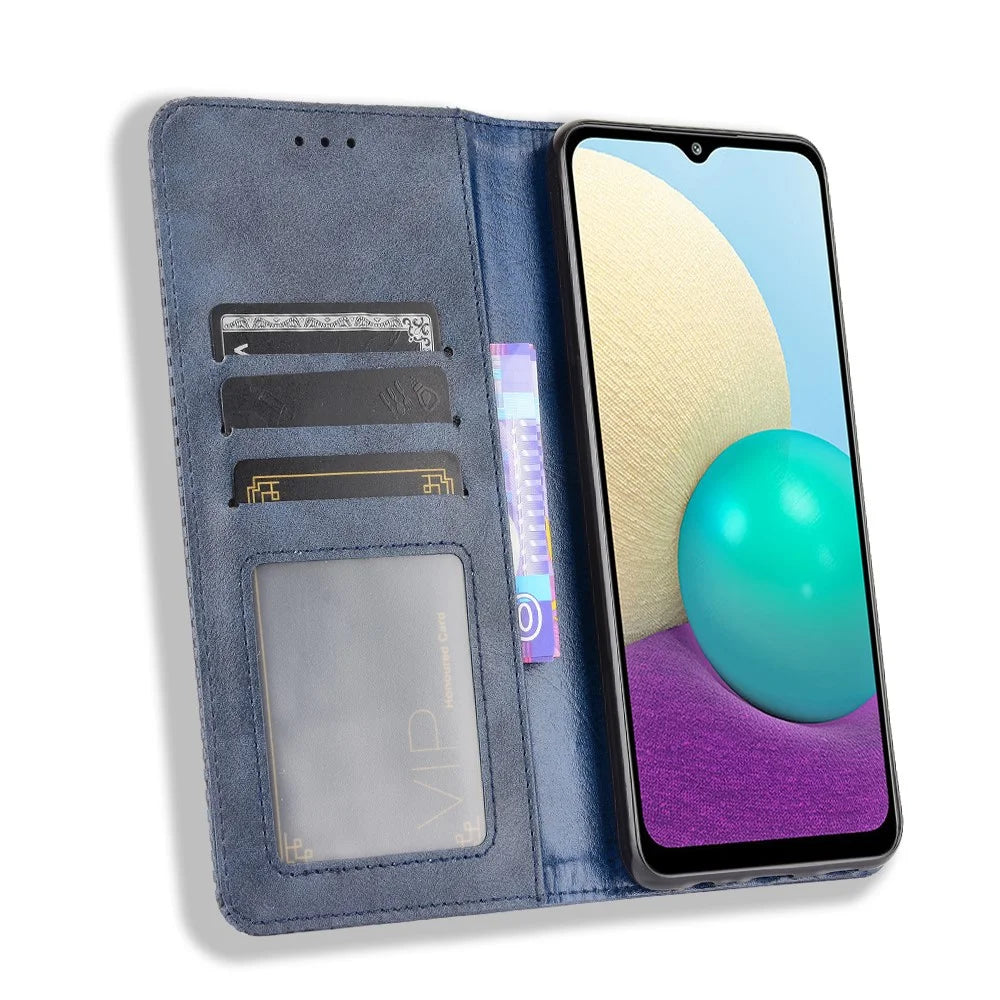 Magnetic Vintage Style Phone Case Wallet Stand Leather Cover for Samsung Galaxy M02 / Galaxy A02 - Blue - 3