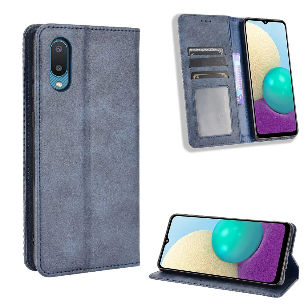 Magnetic Vintage Style Phone Case Wallet Stand Leather Cover for Samsung Galaxy M02 / Galaxy A02 - Blue - 6