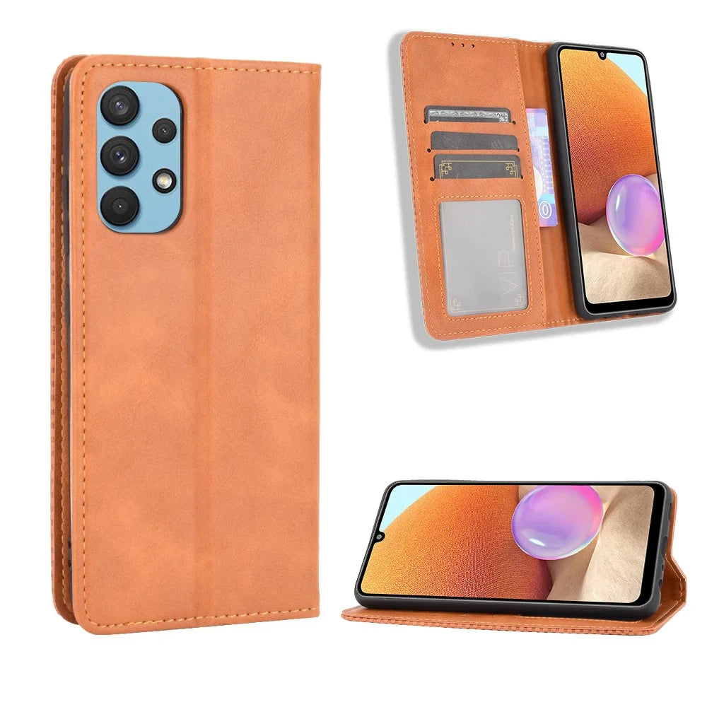 Auto-Absorbed Magnetic Vintage Style Wallet Stand Phone Case Cover for Samsung Galaxy A32 4G (EU Version) - Brown - 1
