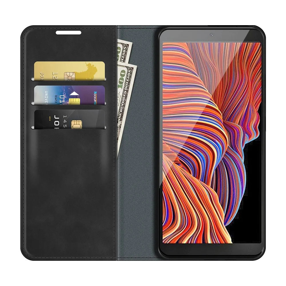 Auto-Absorbed Skin-touch Leather Folio Flip Cover Protective Case with Wallet Stand for Samsung Galaxy Xcover 5/Xcover 5S  - Black - 2