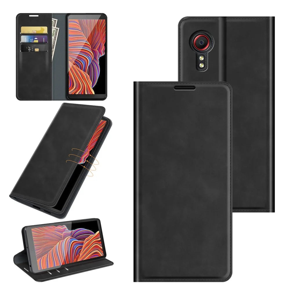 Auto-Absorbed Skin-touch Leather Folio Flip Cover Protective Case with Wallet Stand for Samsung Galaxy Xcover 5/Xcover 5S  - Black - 6