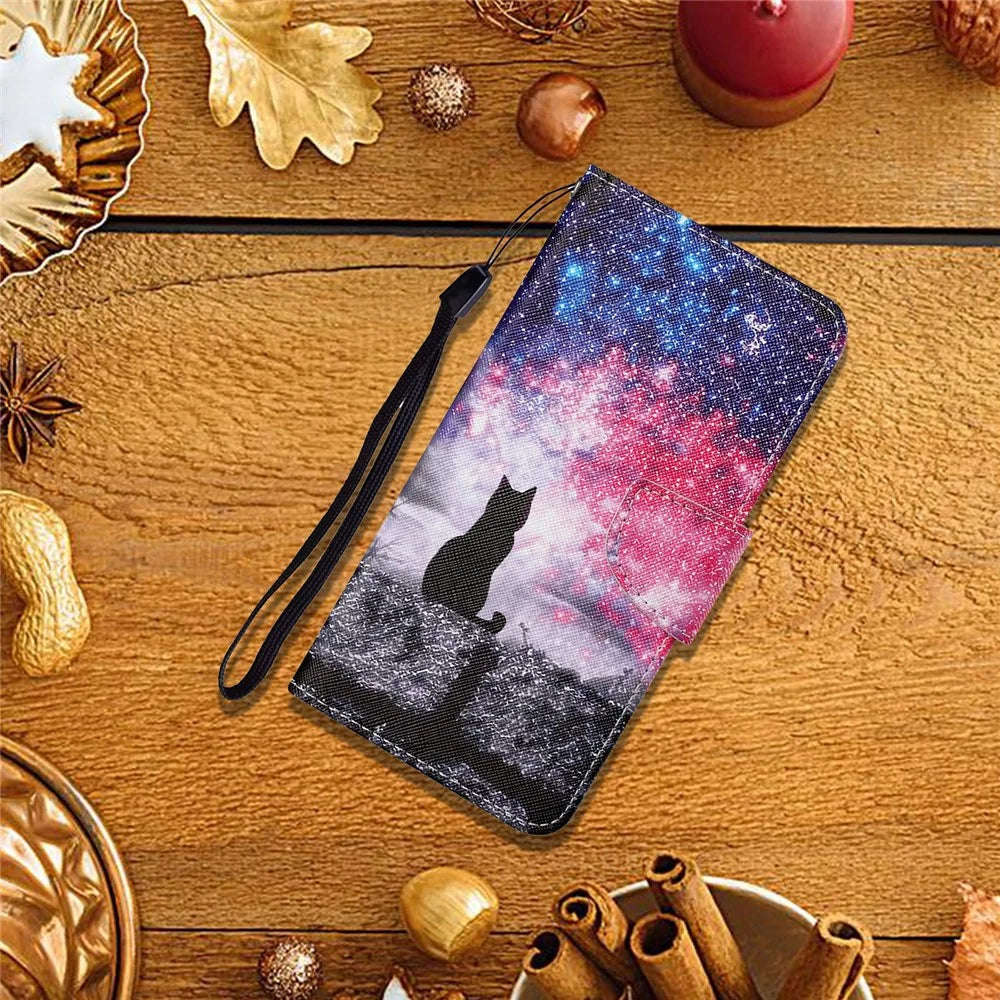 PU Leather Phone Stand Case with Colorful Pattern Printing for Samsung Galaxy A72 4G/5G - Cat - 5
