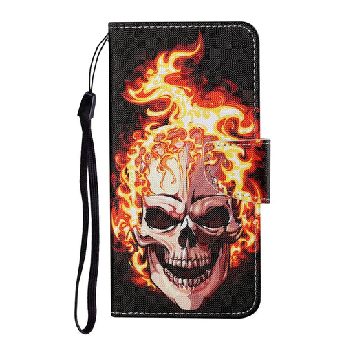 Pattern Printing Wallet Stand Design Leather Phone Cover Shell with Lanyard for Samsung Galaxy A21s - Flame Skull - 1