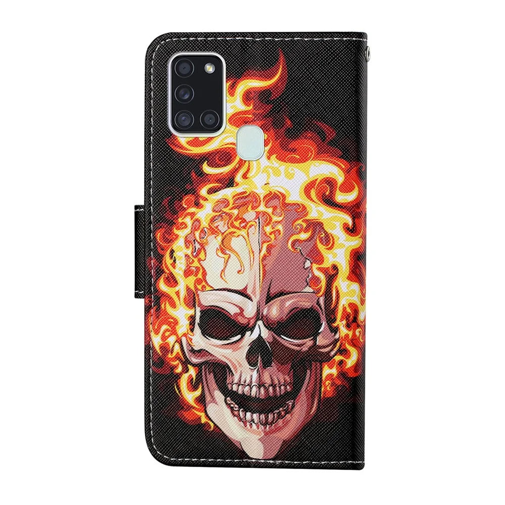 Pattern Printing Wallet Stand Design Leather Phone Cover Shell with Lanyard for Samsung Galaxy A21s - Flame Skull - 2