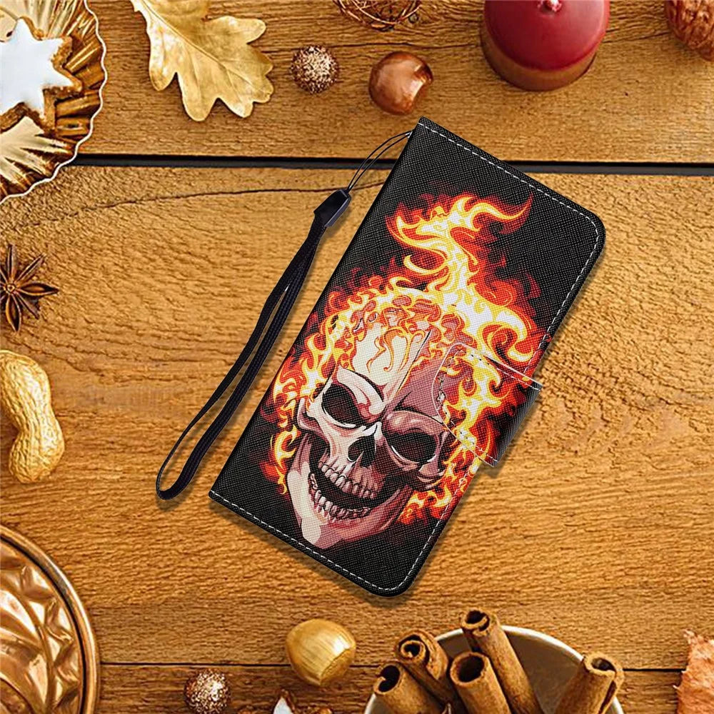 Pattern Printing Wallet Stand Design Leather Phone Cover Shell with Lanyard for Samsung Galaxy A21s - Flame Skull - 5