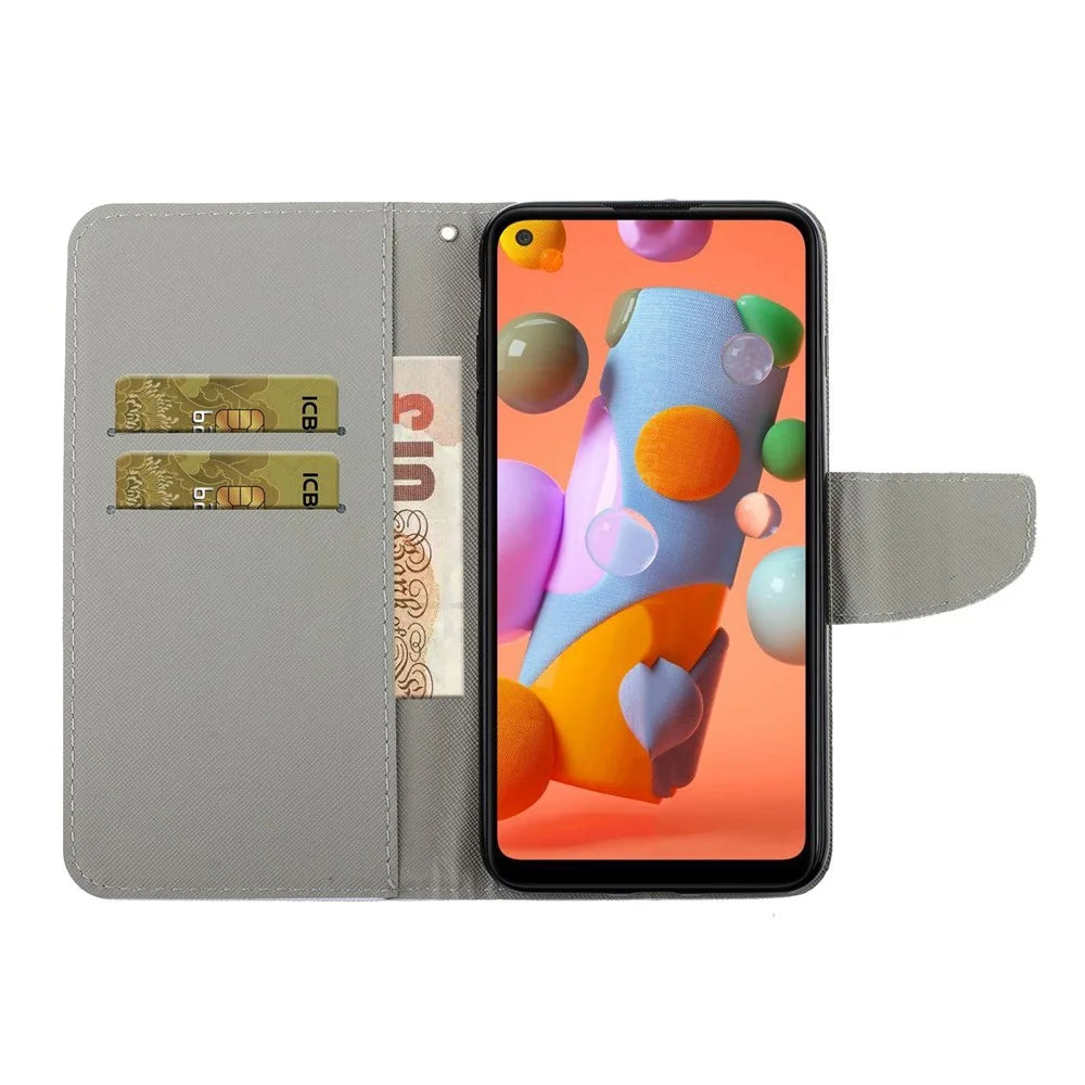 Pattern Printing Wallet Stand Design Leather Phone Cover Shell with Lanyard for Samsung Galaxy A21s - Flame Skull - 7