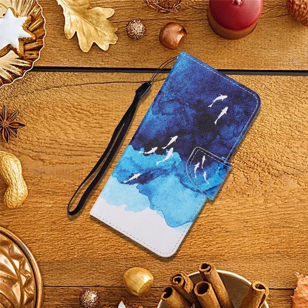 Colorful Pattern Printing PU Leather Phone Stand Case with Strap for Samsung Galaxy A12 - Sea - 5