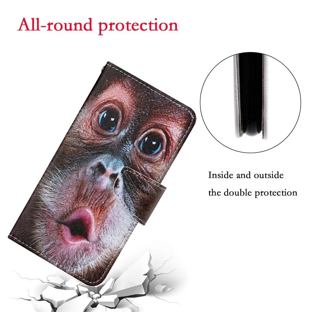 Colorful Pattern Printing Leather Case Stand Wallet Shell for Samsung Galaxy S21 Ultra 5G - Monkey - 4