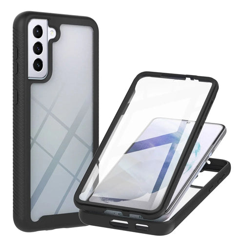 Full-Coverage Protection PC+TPU Combo Hybrid Case with PET Screen Protector for Samsung Galaxy S21 5G/4G - Black/Black Frame - 1