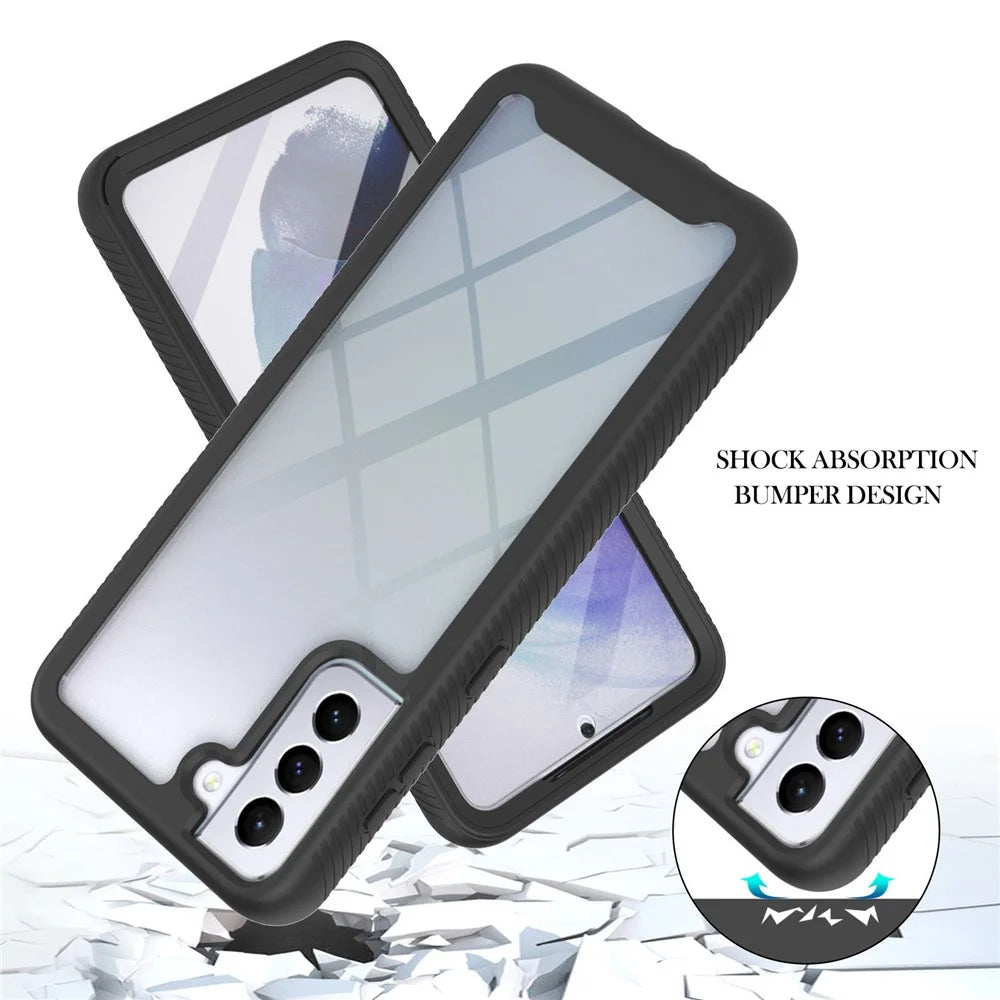 Full-Coverage Protection PC+TPU Combo Hybrid Case with PET Screen Protector for Samsung Galaxy S21 5G/4G - Black/Black Frame - 2