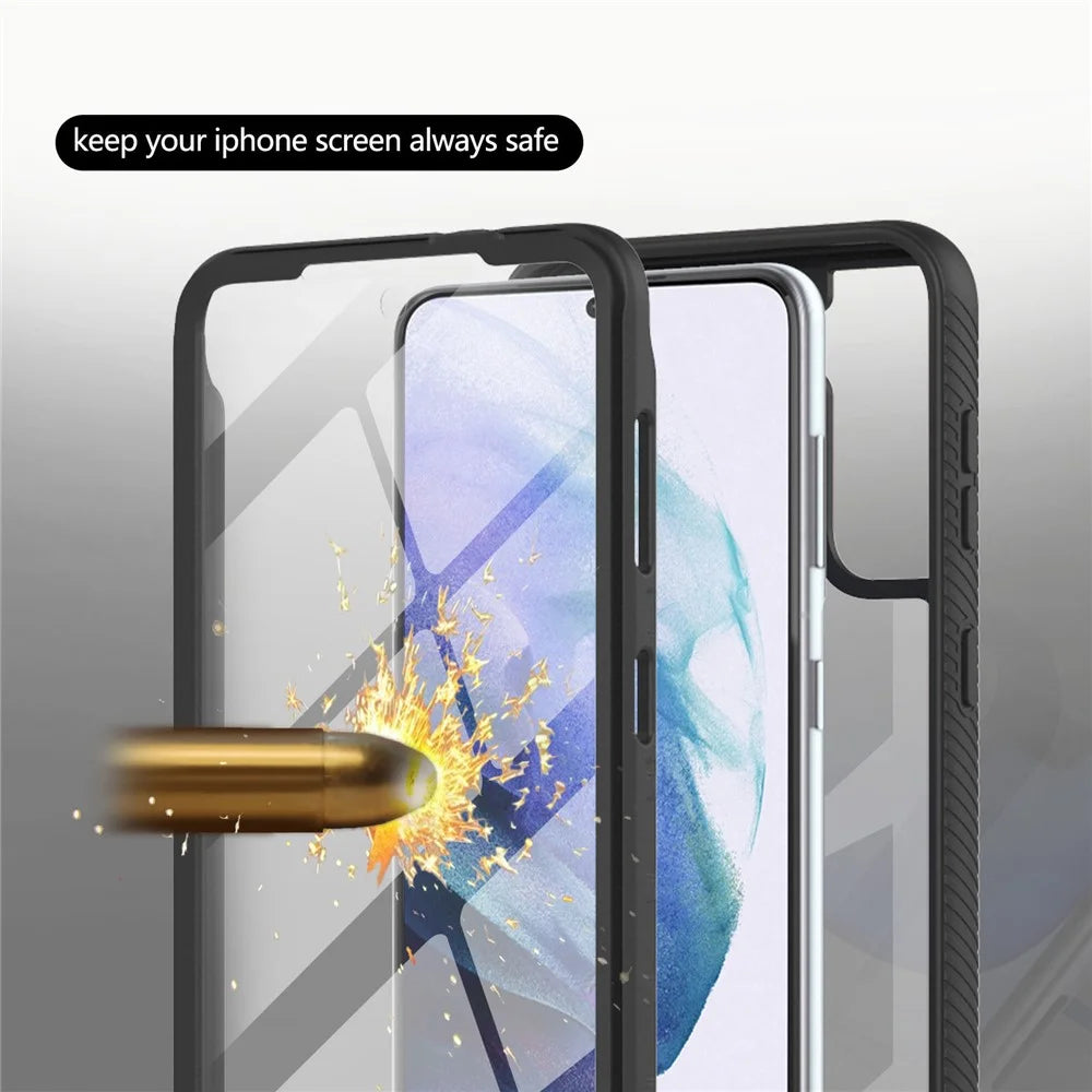 Full-Coverage Protection PC+TPU Combo Hybrid Case with PET Screen Protector for Samsung Galaxy S21 5G/4G - Black/Black Frame - 3